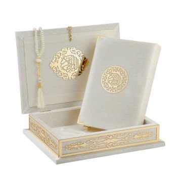 21x30 Cm Pleksili Kadife Kaplı Kuran-ı Kerim Kutusu Krem