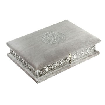 23x31 Cm Pleksili Kadife Kaplı Kuran-ı Kerim Kutusu Gri