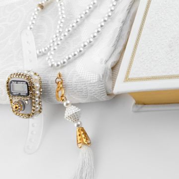 Hediyelik Seccade Kuran-ı Kerim Tesbih Zikirmatik Seti Krem