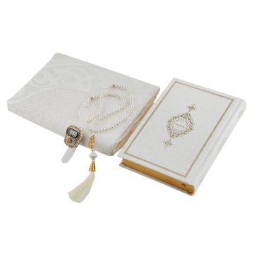 Hediyelik Seccade Kuran-ı Kerim Tesbih Zikirmatik Seti Krem