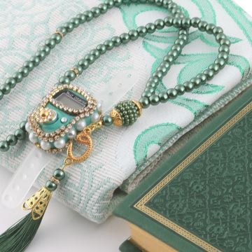 Hediyelik Seccade Kuran-ı Kerim Tesbih Zikirmatik Seti Yeşil