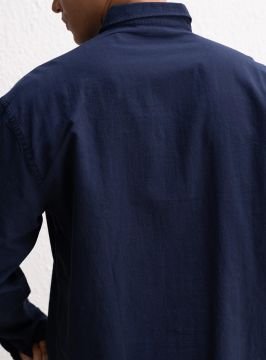 Uzun Kollu Rahat Keten Gömlek Lacivert - M