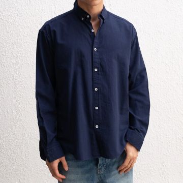 Uzun Kollu Rahat Keten Gömlek Lacivert - M