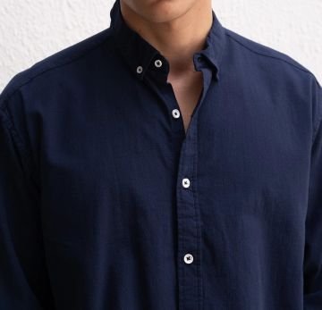 Uzun Kollu Rahat Keten Gömlek Lacivert - M