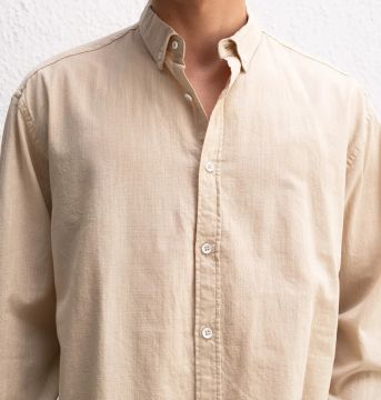 Uzun Kollu Rahat Keten Gömlek Bej - XL