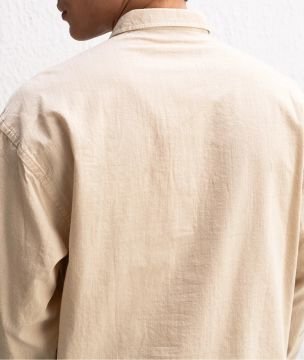 Uzun Kollu Rahat Keten Gömlek Bej - XL