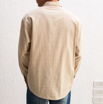 Uzun Kollu Rahat Keten Gömlek Bej - XL