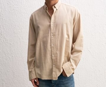 Uzun Kollu Rahat Keten Gömlek Bej - XL