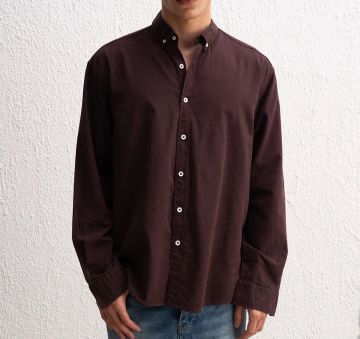 Uzun Kollu Rahat Keten Gömlek Kahverengi - XL