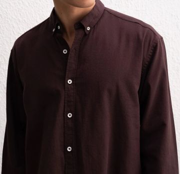 Uzun Kollu Rahat Keten Gömlek Kahverengi - XL