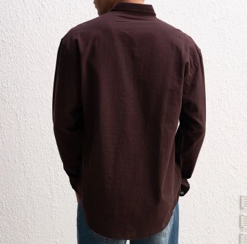 Uzun Kollu Rahat Keten Gömlek Kahverengi - XL