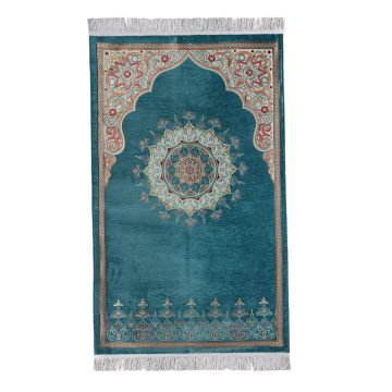 Renkli Göbekli Lüks Astarlı Şönil Seccade Mavi