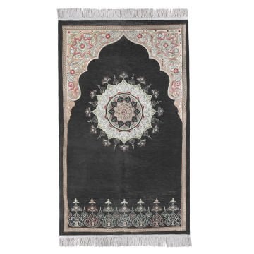 Renkli Göbekli Lüks Astarlı Şönil Seccade Siyah