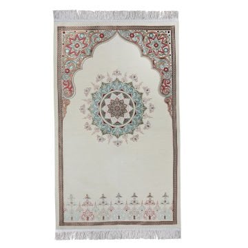 Renkli Göbekli Lüks Astarlı Şönil Seccade Krem