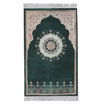 Renkli Göbekli Lüks Astarlı Şönil Seccade Yeşil