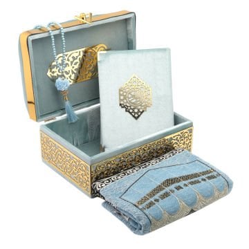 Hediyelik Kuran-ı Kerim Seccade Tesbih Sandık Seti Mavi